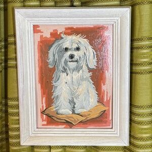 Vintage 1970s paint by numbers, Maltese dog on cushion, wood framed PBN